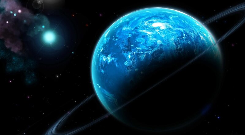Blue Planet with Rings — Dramatic, Night, Digital Art, Stars, Nebula