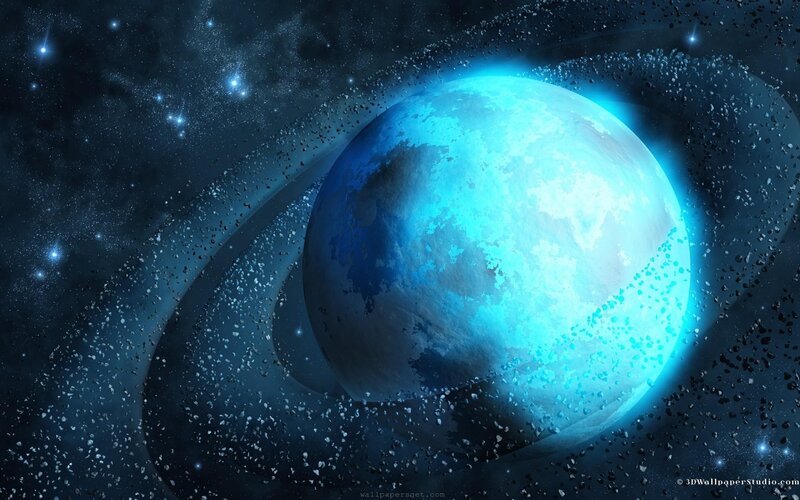 Blue Planet with Rings — Dramatic, Night, Digital Art, Stars