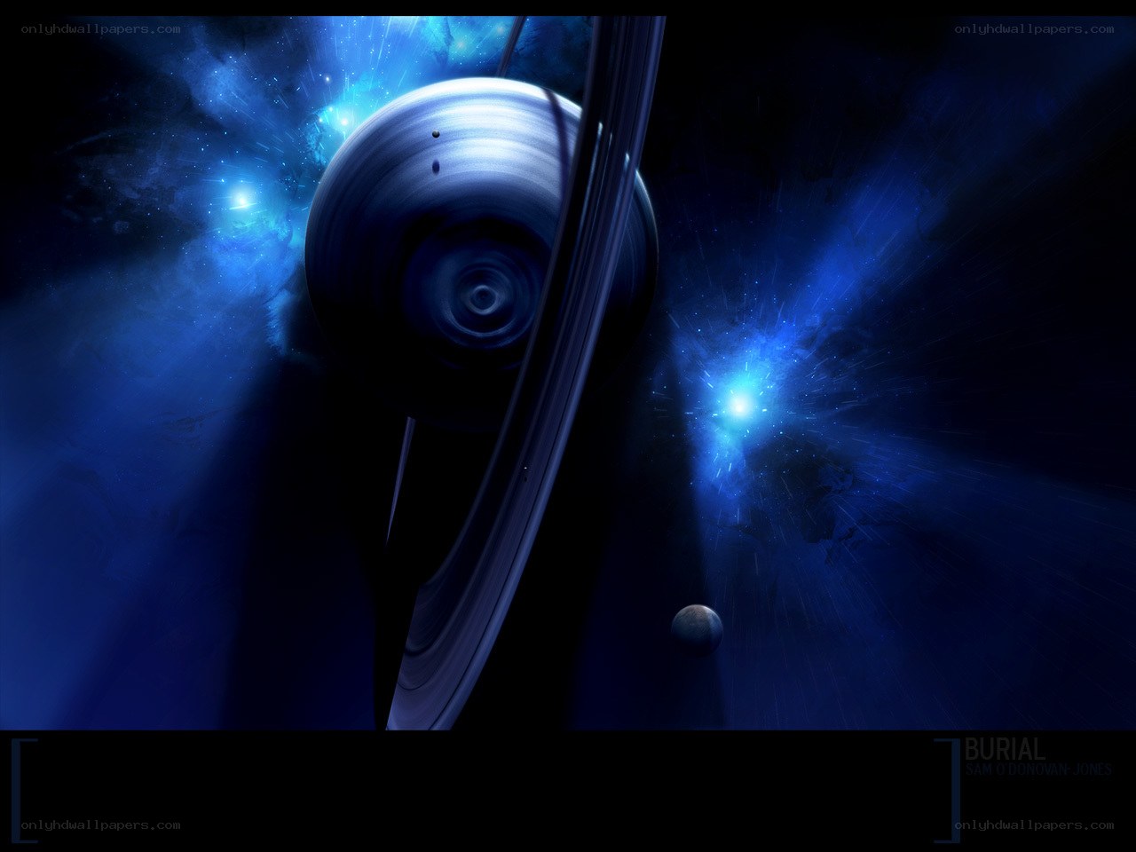 Blue planet with rings in space