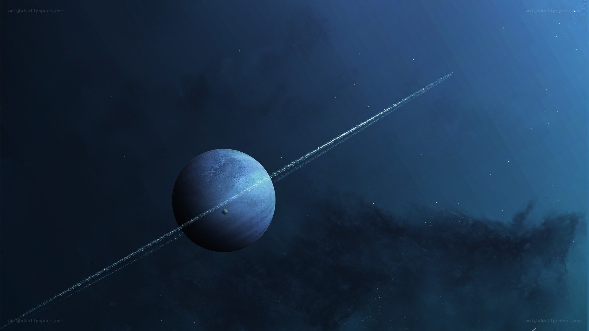 Blue planet with rings in space