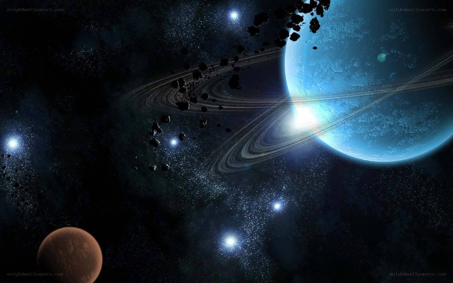 Blue planet with rings in space