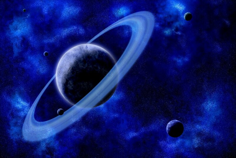 Blue planet with rings in space