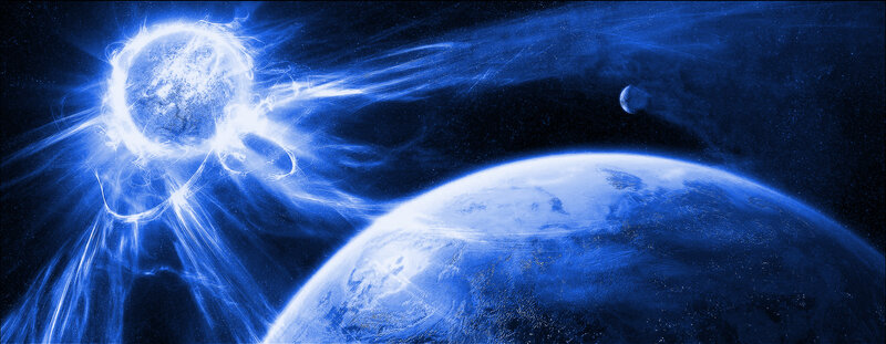 Blue planet with solar flare