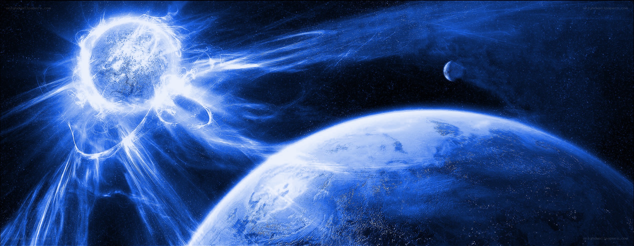 Blue planet with solar flare