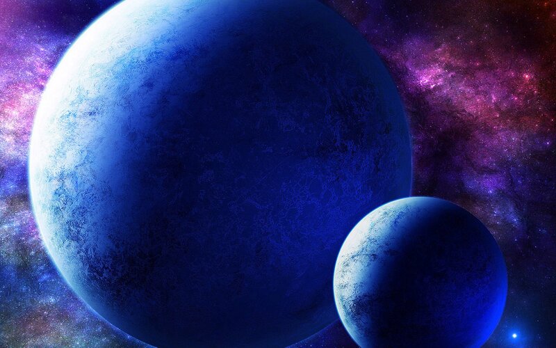 Blue Planets in Space — Cosmic, Digital Art