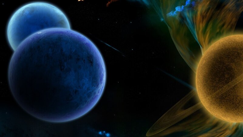 Blue Planets in Space — Dramatic, Night