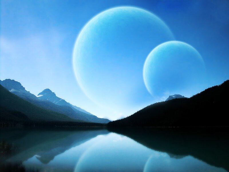 Blue planets over a lake
