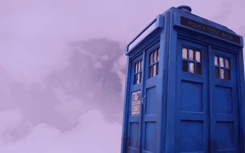 Blue police box in purple sky