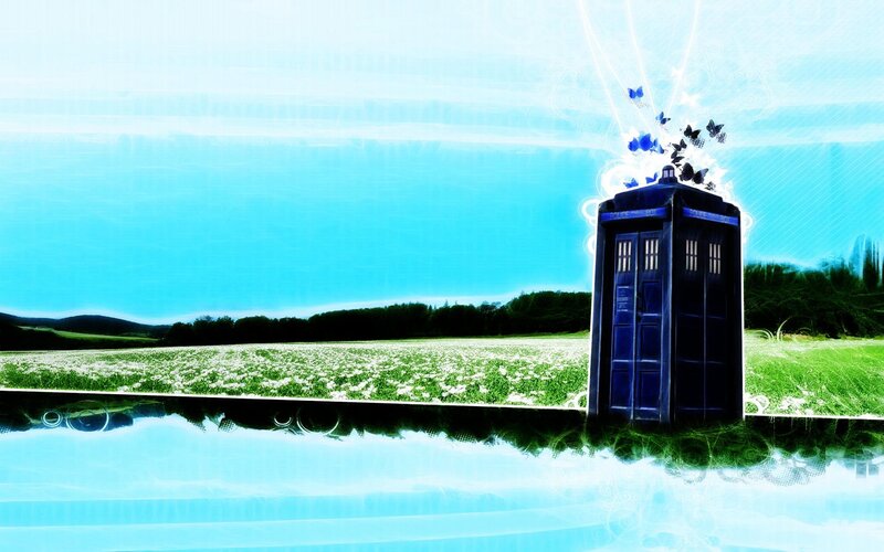 Blue Police Box — Serene, Afternoon, Digital Art, Butterflies, Field, Reflection