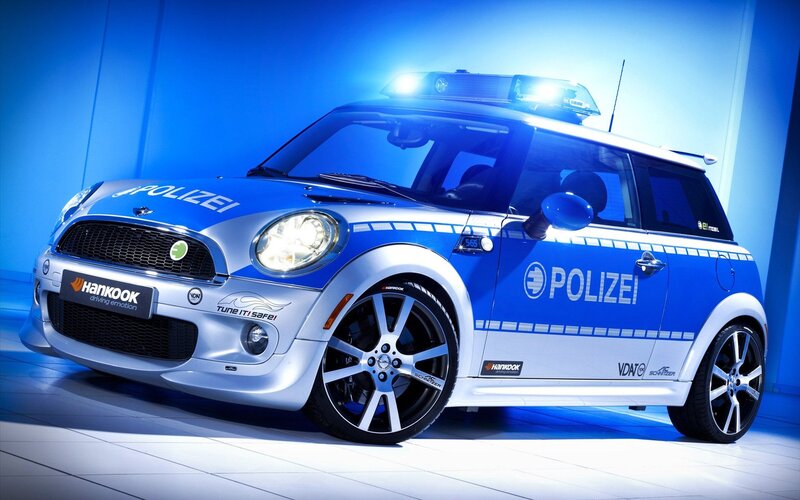 Blue Police Mini Cooper — Dramatic