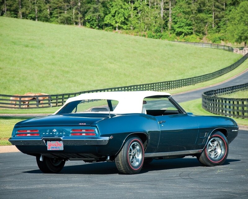 Blue Pontiac convertible on a country road