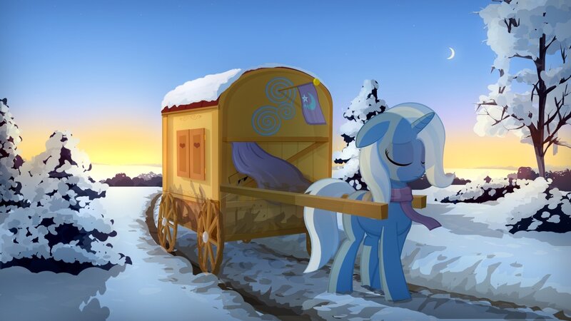 Blue Pony Pulling Wagon — Serene, Winter