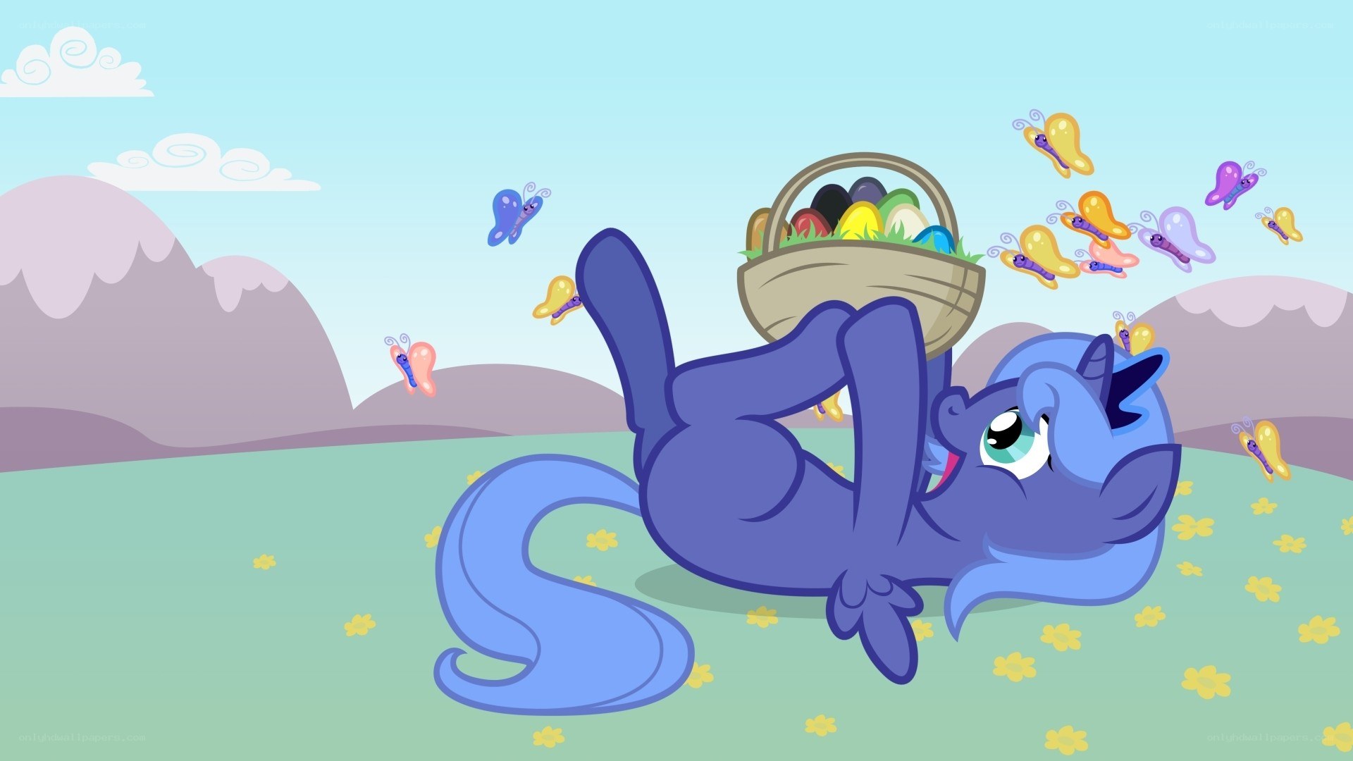 blue pony with basket