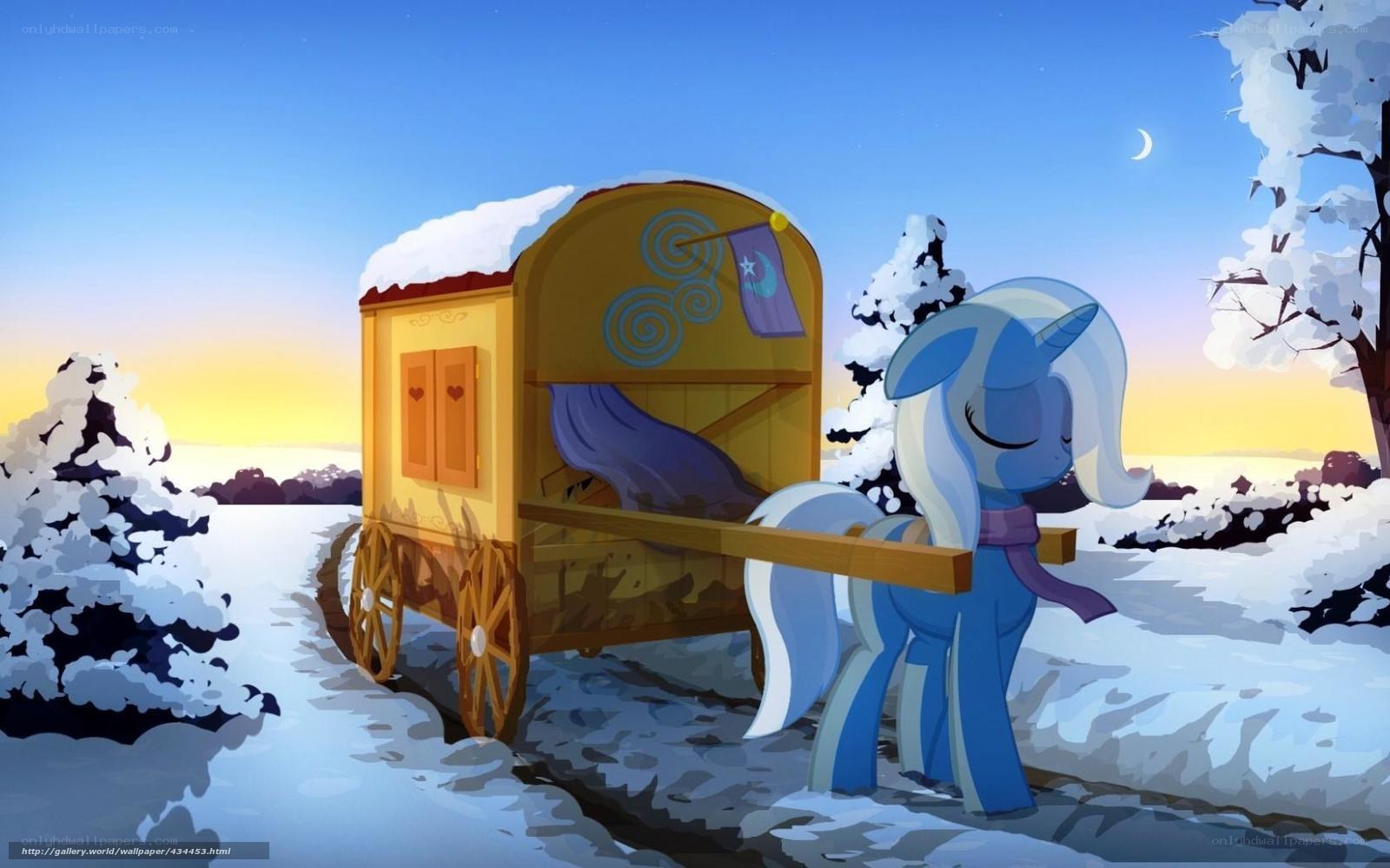 Blue pony with wagon in snow