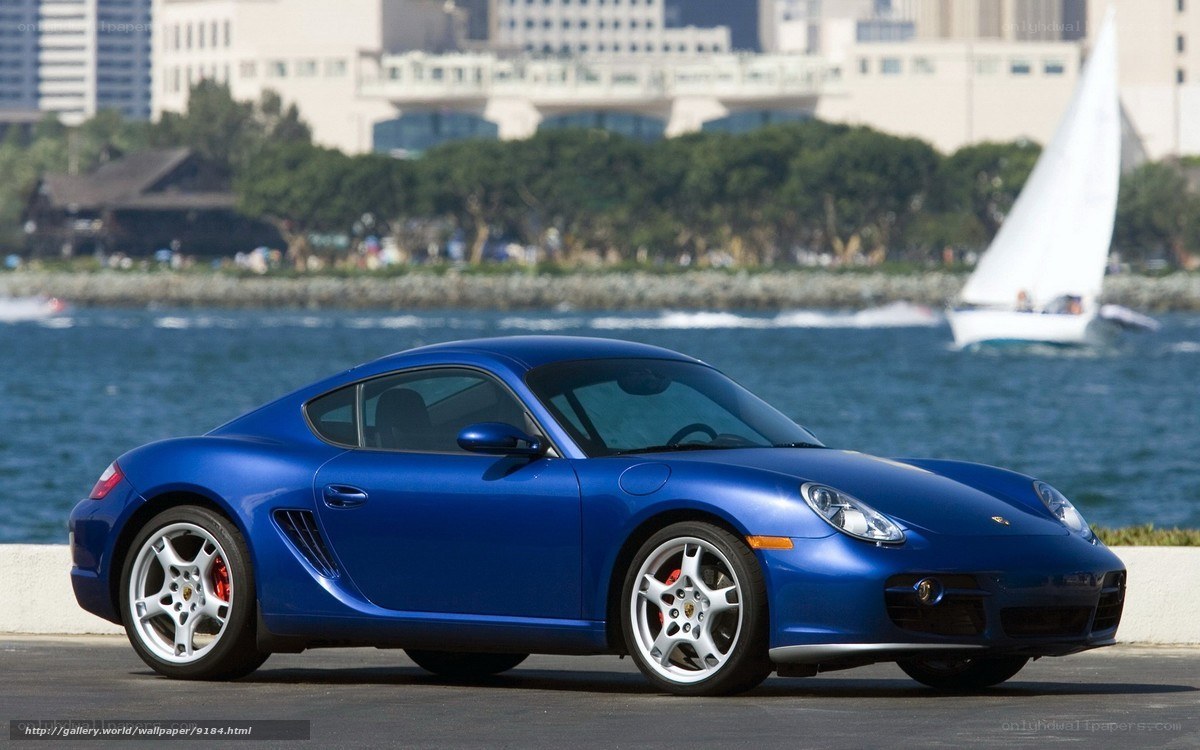 Blue Porsche Cayman by the water