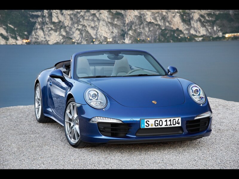 Blue Porsche convertible by the lake