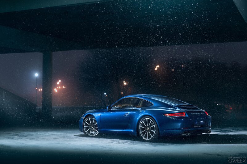 Blue Porsche in Snow — Dramatic