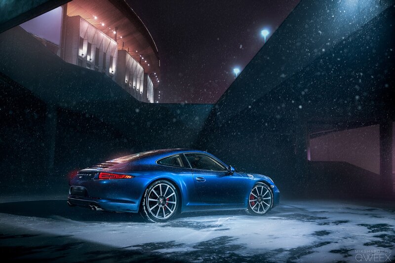 Blue Porsche in Snow