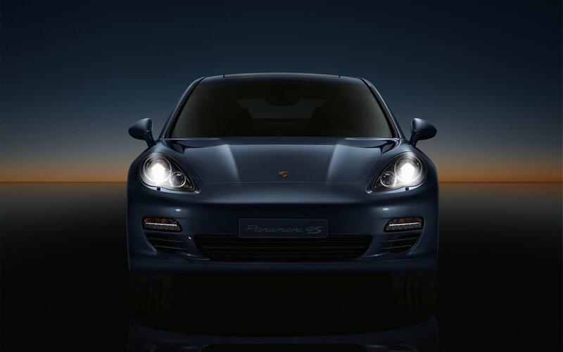Blue Porsche Panamera — Dramatic, Sunset