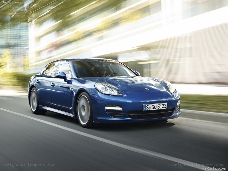 Blue Porsche Panamera in motion