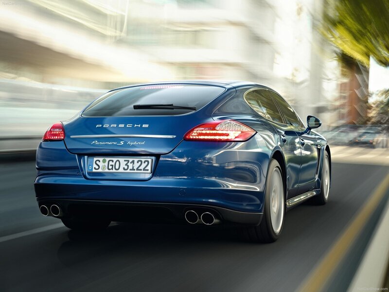Blue Porsche Panamera S Hybrid in motion
