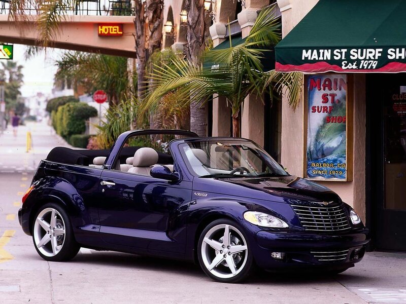 Blue PT Cruiser convertible on Main Street