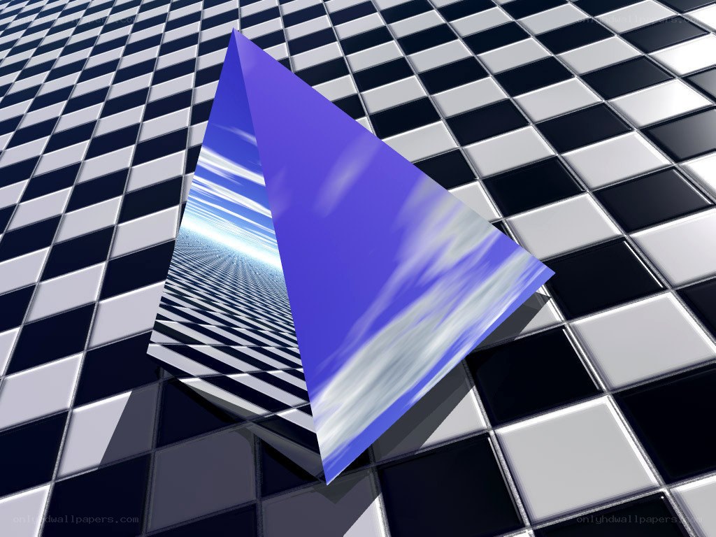 Blue pyramid on checkered floor