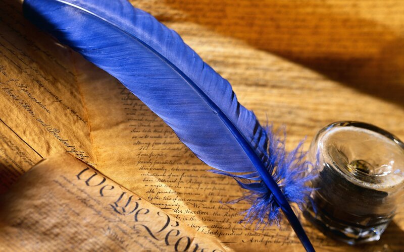 Blue Quill Pen on Document — Dramatic, Photograph
