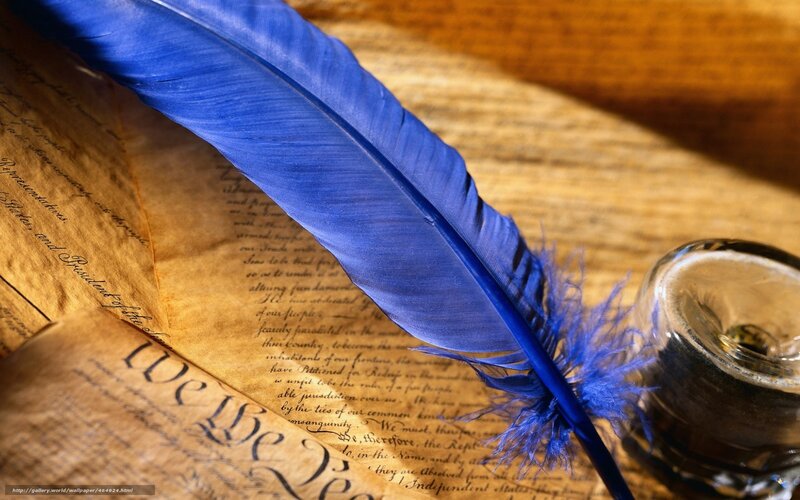 Blue Quill Pen on Parchment — Dramatic, Photograph
