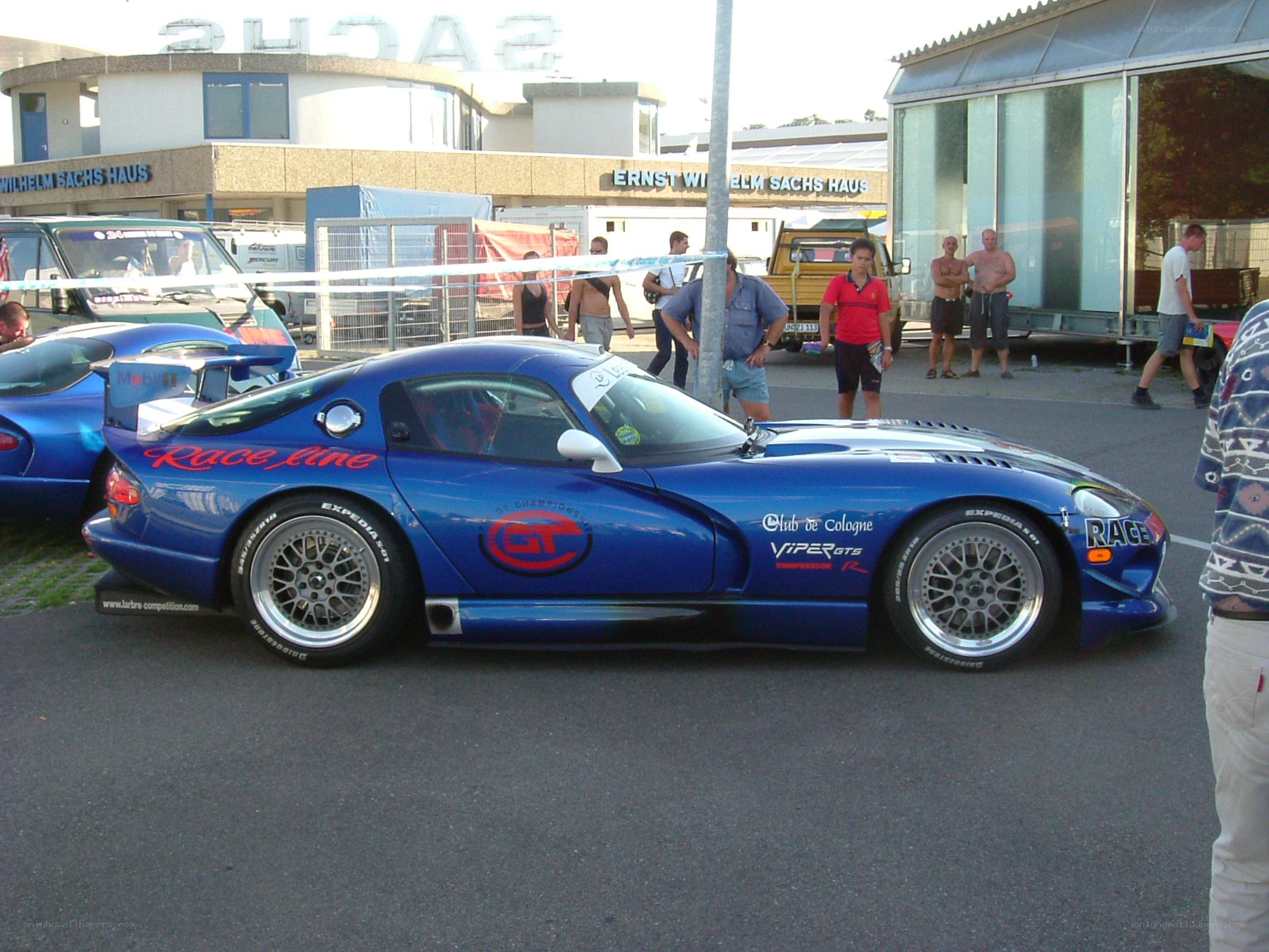 Blue race car at a track