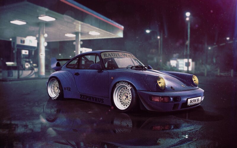 Blue Race Car at Gas Station