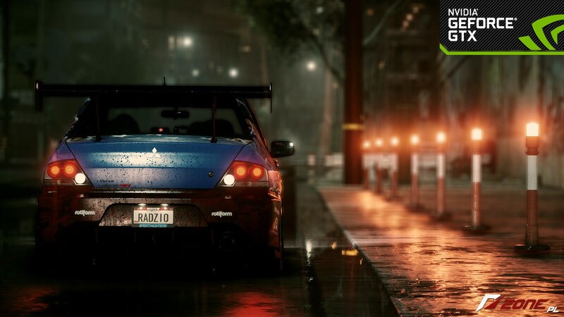 Blue Race Car at Night — Dark, Rainy