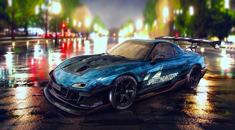 Blue Race Car — Dramatic, Night, Digital Art