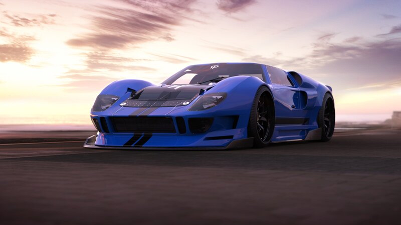 Blue Race Car — Dramatic, Sunrise
