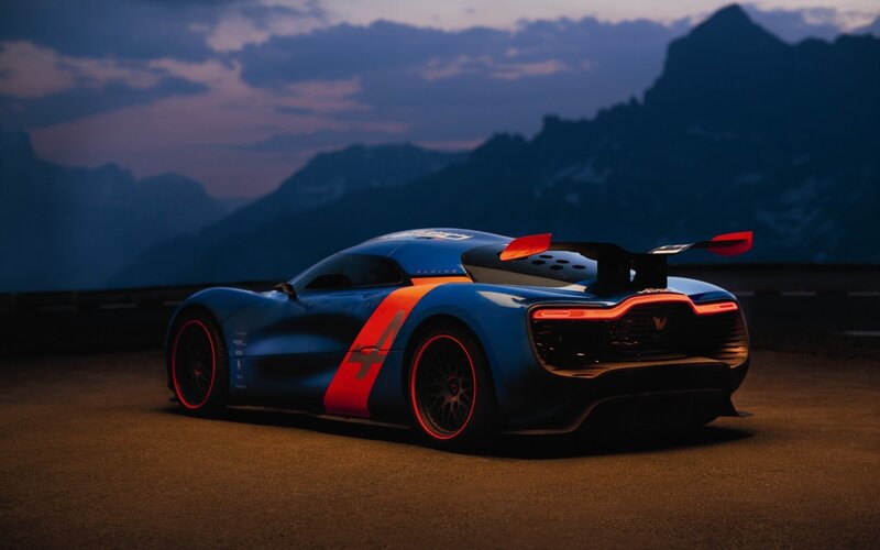 Blue Race Car — Dramatic, Sunset, 3d Render, Mountains, Road, Tail Light