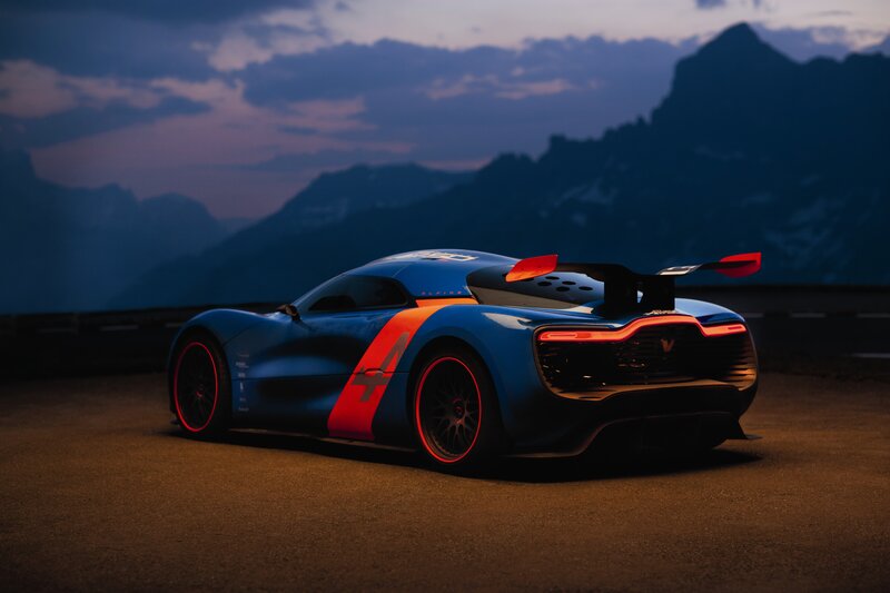 Blue Race Car — Dramatic, Sunset, 3d Render, Mountains