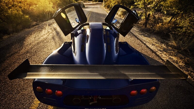 Blue Race Car — Dramatic, Sunset, Photograph, Road