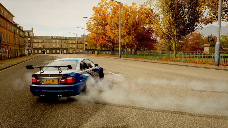 Blue Race Car Drifting — Dynamic, Autumn