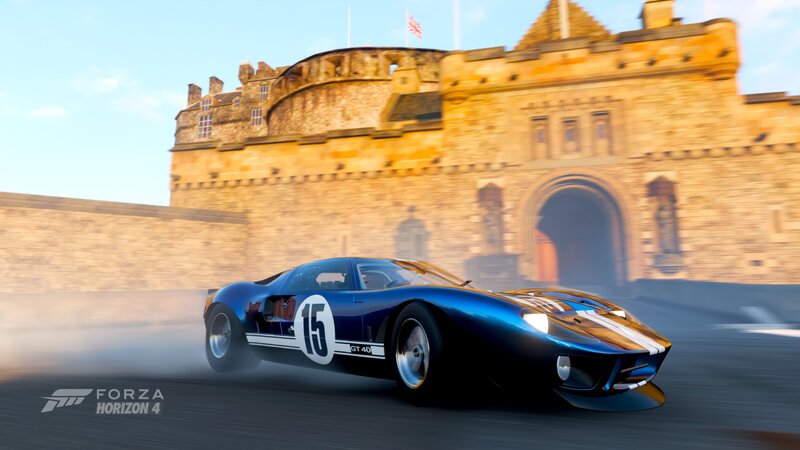Blue Race Car — Dynamic, Afternoon, 3d Render, Castle