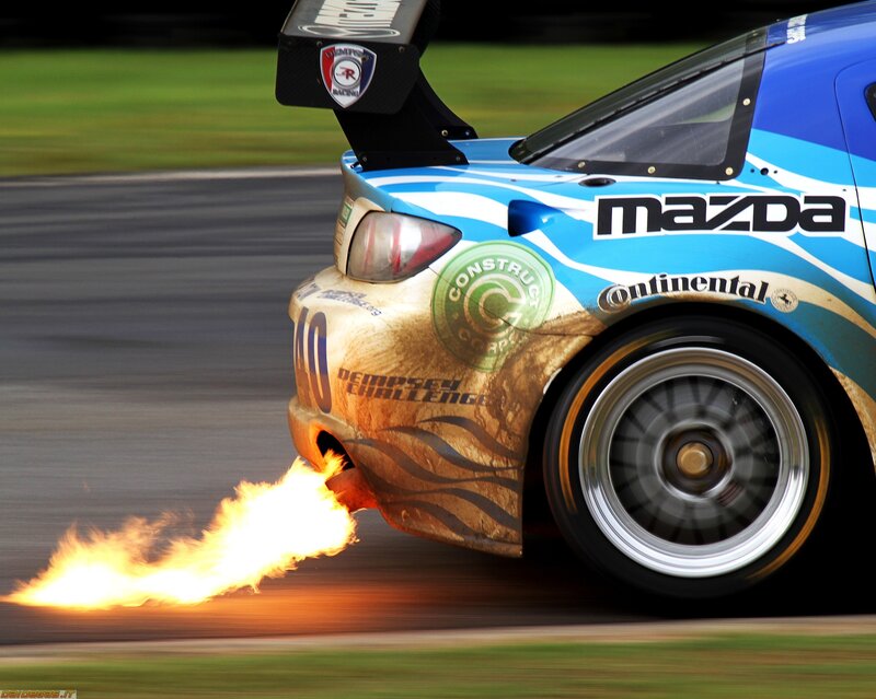 Blue Race Car — Dynamic, Photograph, Flames