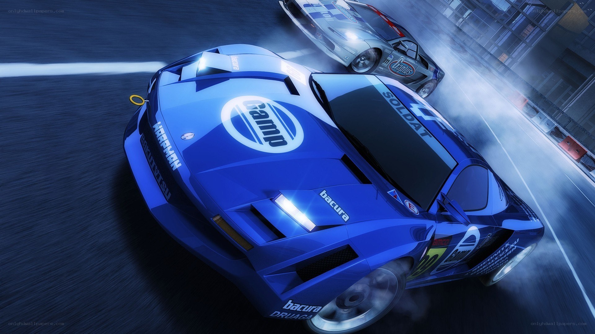 Blue race car in action