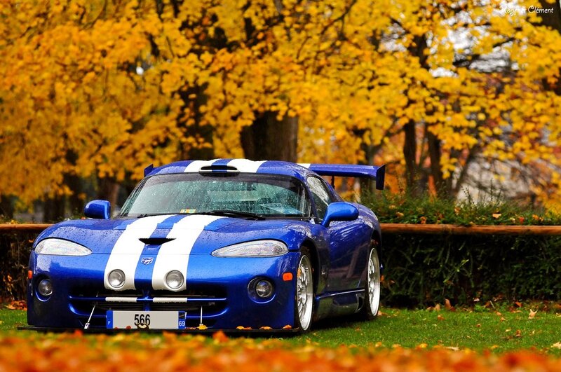 Blue race car in autumn