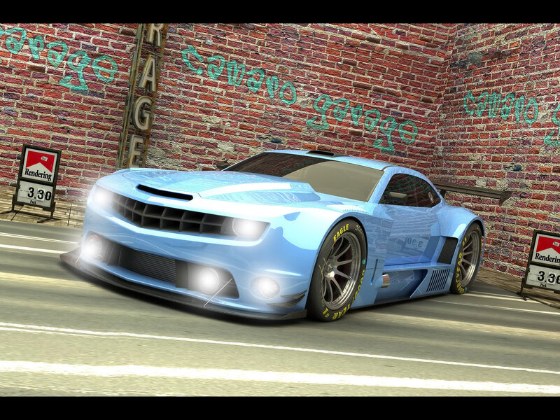 blue race car in garage