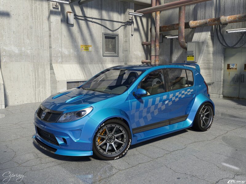 Blue race car in garage