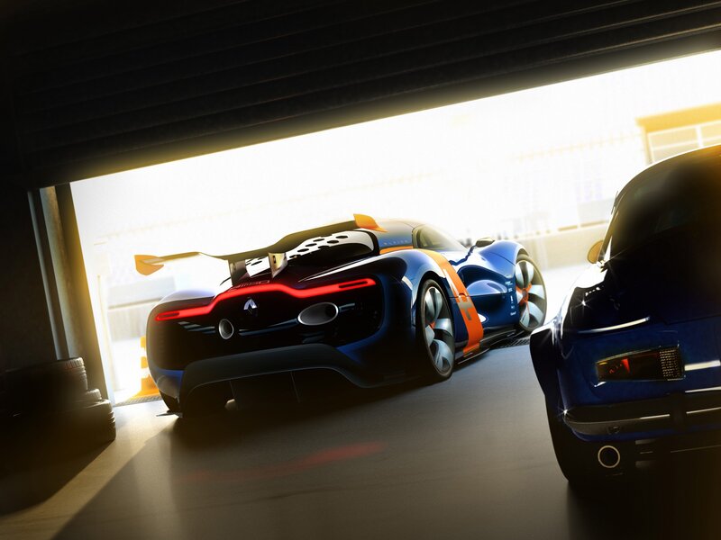 Blue race car in garage