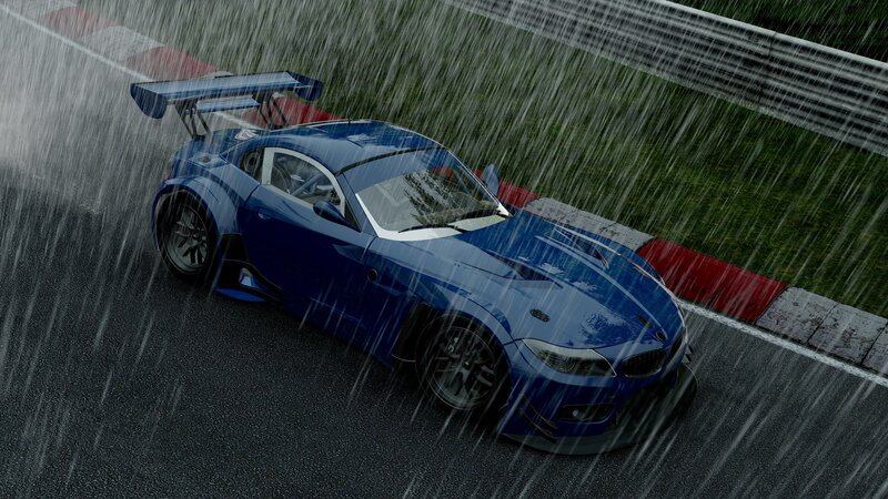 Blue race car in the rain
