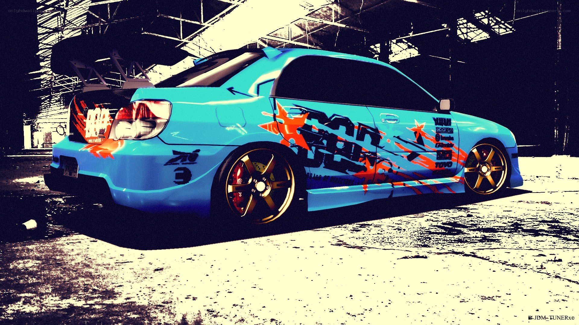 blue race car in warehouse