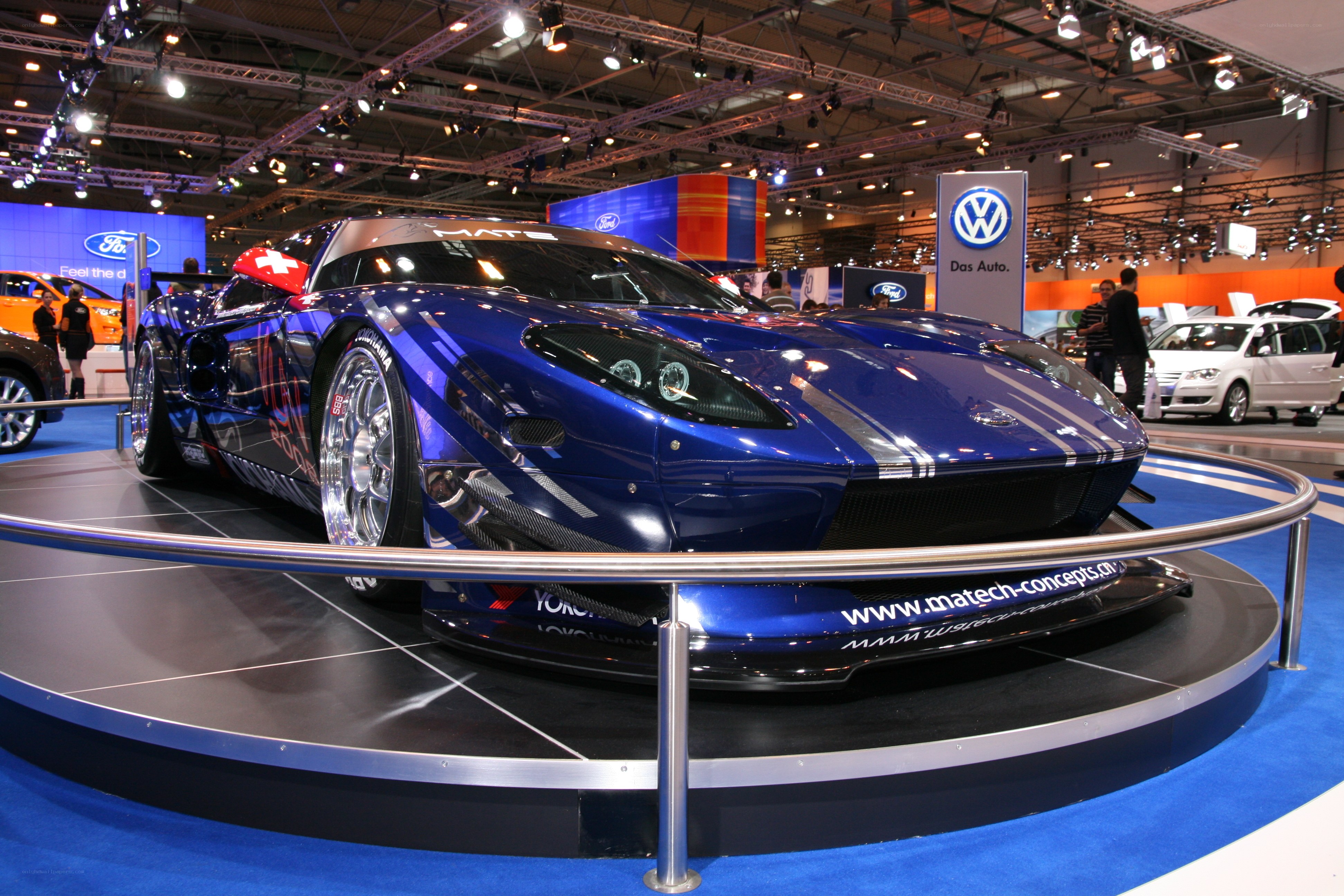 Blue race car on display