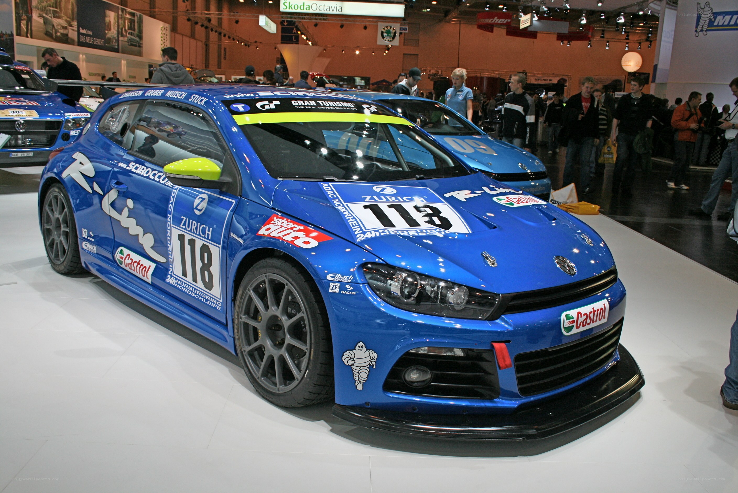 Blue race car on display