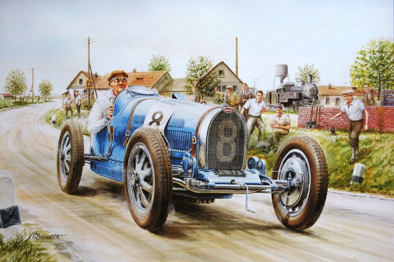 Blue Race Car on Road — Dynamic, Afternoon, Illustration